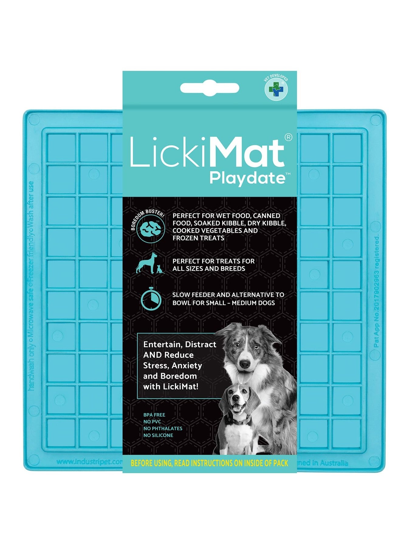 LickiMat Classic Playdate Slow Feeder for Dogs Lick Mat Boredom Anxiety Reducer Perfect for Food Treats Yogurt Liquid Food Peanut Butter Fun Alternative to a Slow Feed Dog Bowl Turquoise